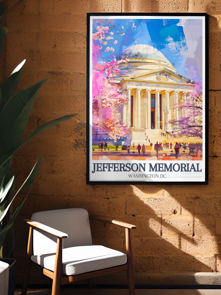 Showcasing the iconic neoclassical dome and Tidal Basin, this Jefferson Memorial art print reflects the beauty of Washington D.C.s historic landmarks. An ideal patriotic piece or gift for history enthusiasts.