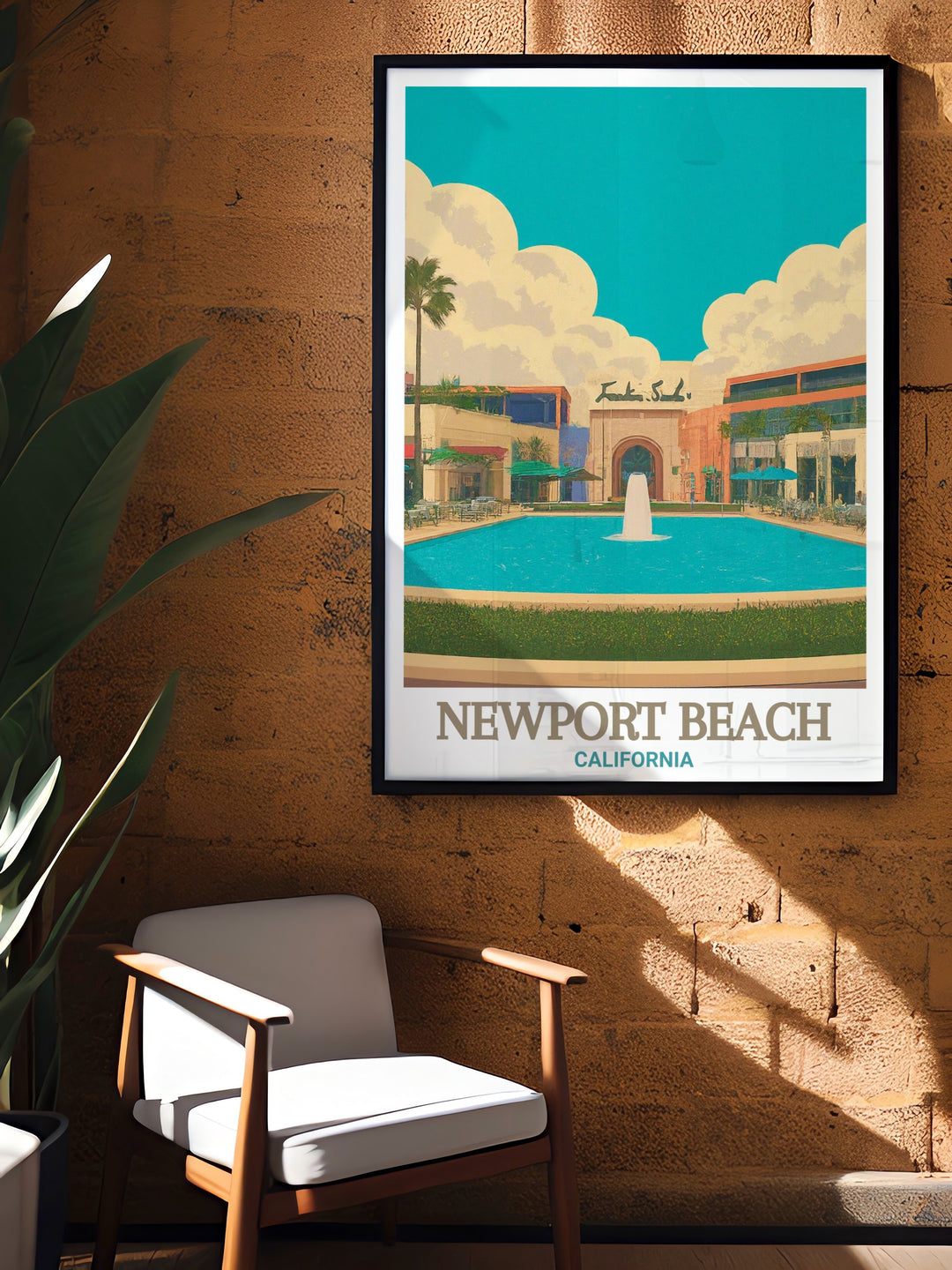 Modern Fashion Island poster featuring the lively and scenic Newport Beach. This print is designed to complement various interiors and bring a slice of Californias coastal magic into your home. Perfect for creating a warm and inviting atmosphere.