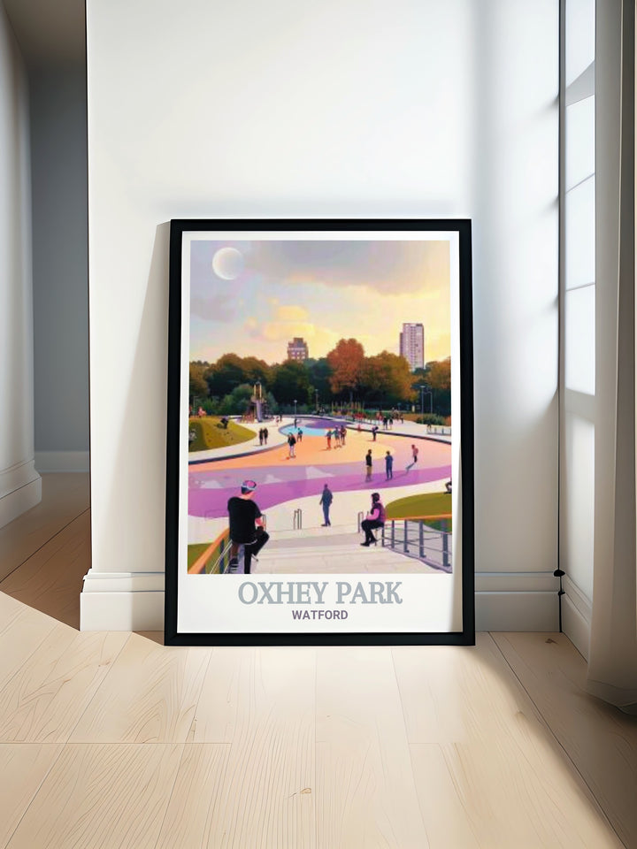 Oxhey Park Skate Park Poster Print showcases the vibrant energy of Watford with stunning colors and detailed artwork capturing the natural beauty of the park along with iconic landmarks like Bushey Arches and Oxhey Village perfect for modern home decor.