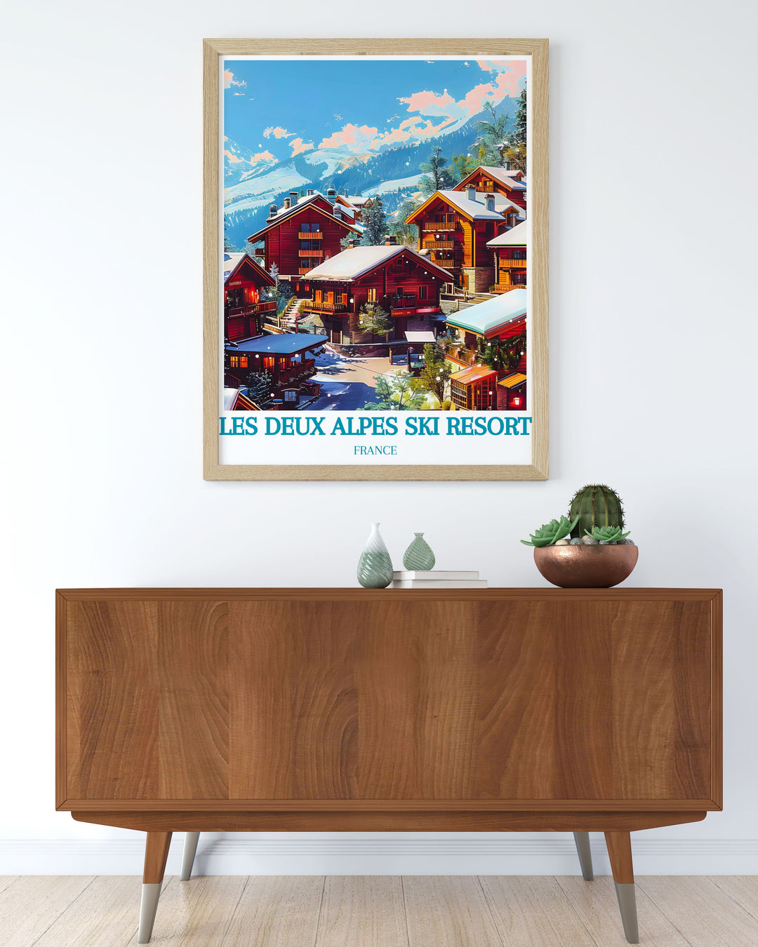 This art print highlights the picturesque winter scenery of Les Deux Alpes, with its snow covered chalets and lively ski runs, making it a perfect addition to your winter sports art collection.