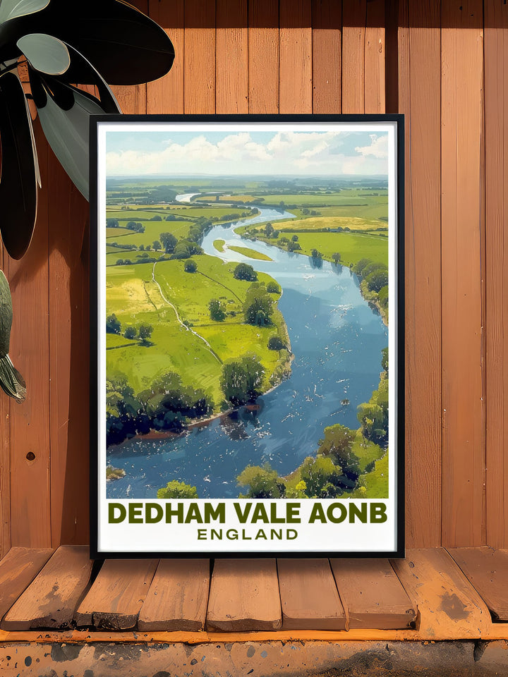 This Dedham Vale travel print captures the peaceful terrain and the scenic Stour River, offering a serene depiction of the British countryside. Ideal for home décor or as a thoughtful gift for nature lovers and travelers.