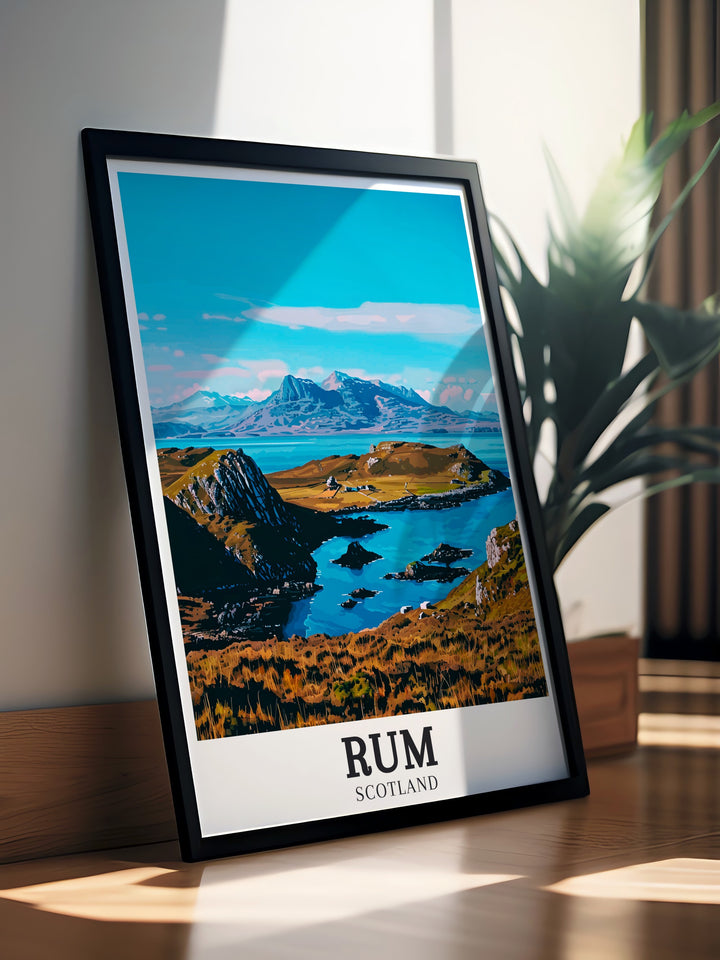 The North Seas calming presence is beautifully depicted in this travel print, offering a serene contrast to the wild landscapes of the Isle of Rum. A perfect addition to any nature lovers collection.