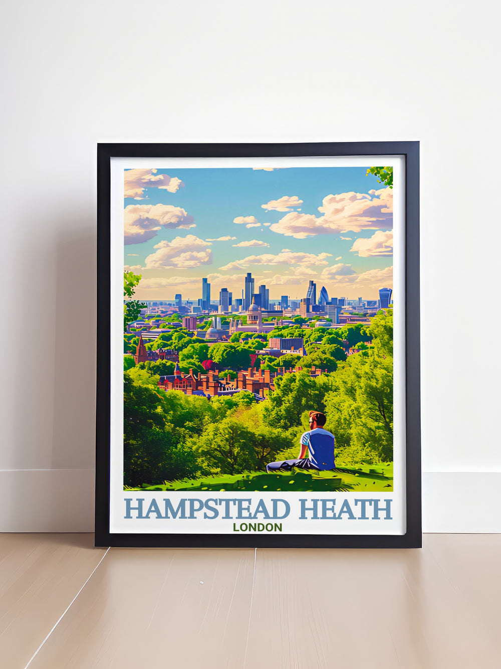 Hampstead Heath and Parliament Hill come together in this captivating travel print, perfect for decorating your home with a touch of nature. This wall poster is ideal for those who cherish Londons outdoor scenery.