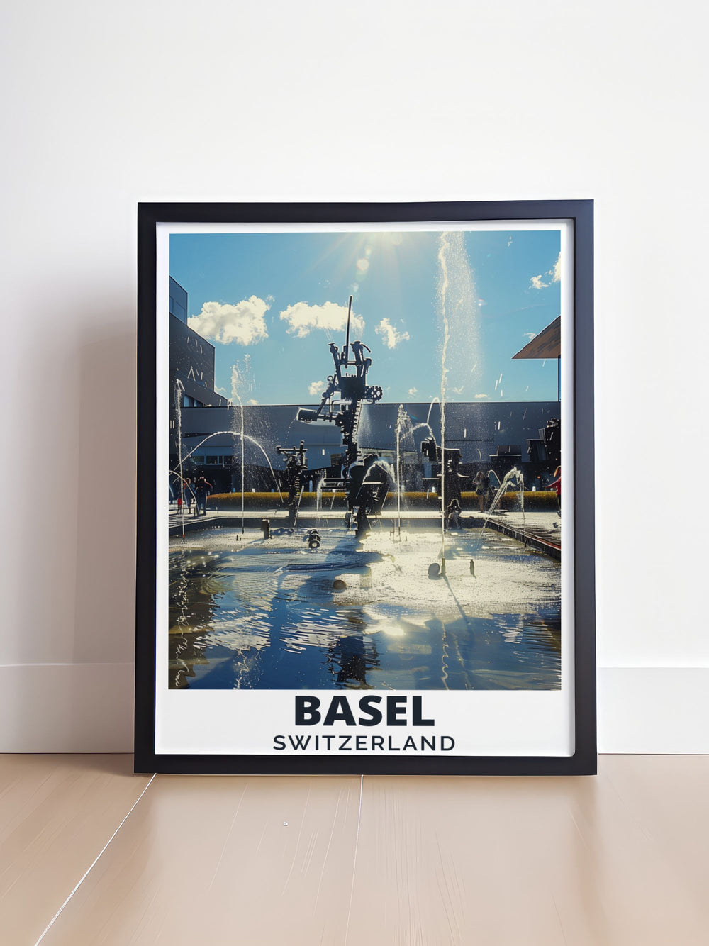 Beautiful Tinguely Fountain framed print capturing the intricate details and vibrant colors of Basel Switzerland perfect for modern home décor ideal for travelers who love Swiss art and culture a thoughtful and unique gift option for any occasion