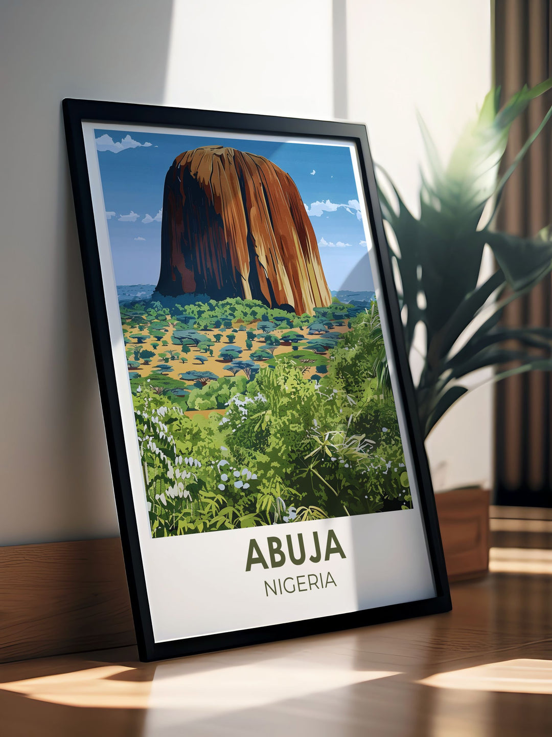 Zuma Rock travel poster offering a captivating view of one of Nigerias most iconic locations an ideal addition to your wall art collection perfect for those who appreciate Nigerian culture and scenic beauty