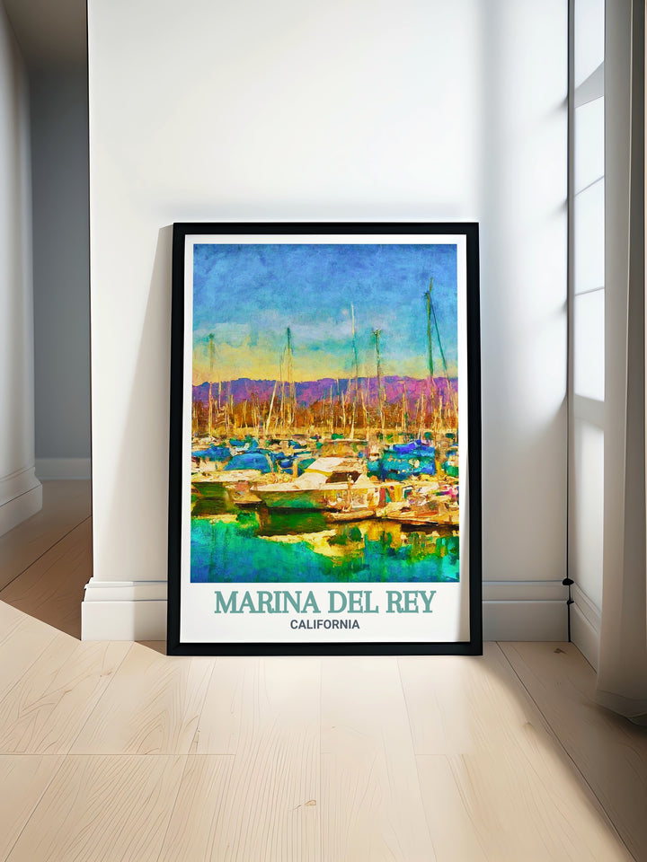 Colorful Marina del Rey wall art print featuring a fine line city map perfect for modern home decor. Marina del Rey Harbor is depicted beautifully making this an ideal poster for coastal lovers or anyone seeking elegant wall art and unique gifts.