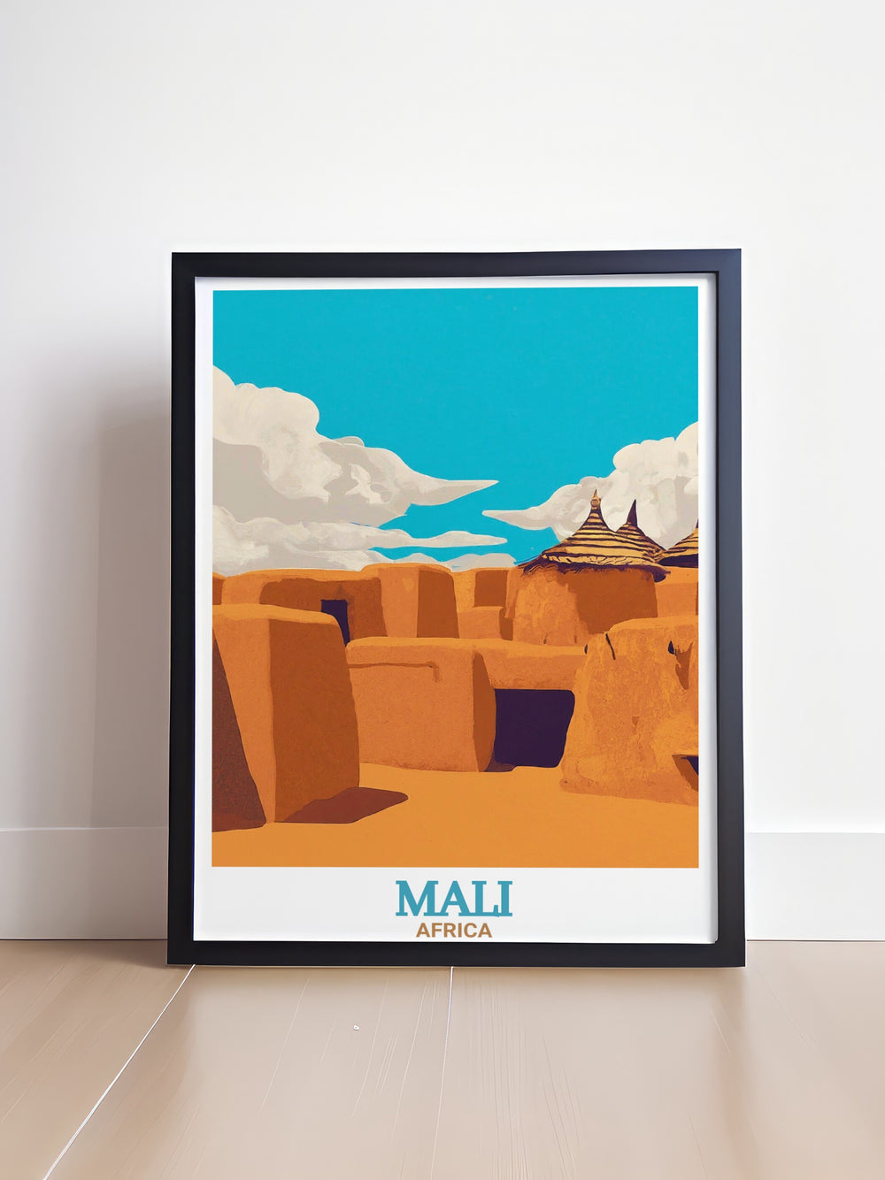 A stunning travel poster print of Malis Bandiagara Escarpment in Africa. This artwork highlights the dramatic cliffs and cultural significance of this UNESCO World Heritage site, bringing the beauty of Africa into your home.