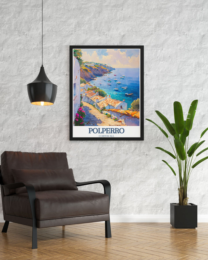 Elegant Polperro Harbour vintage travel print bringing the charm of Polperro Cornwall into your home decor