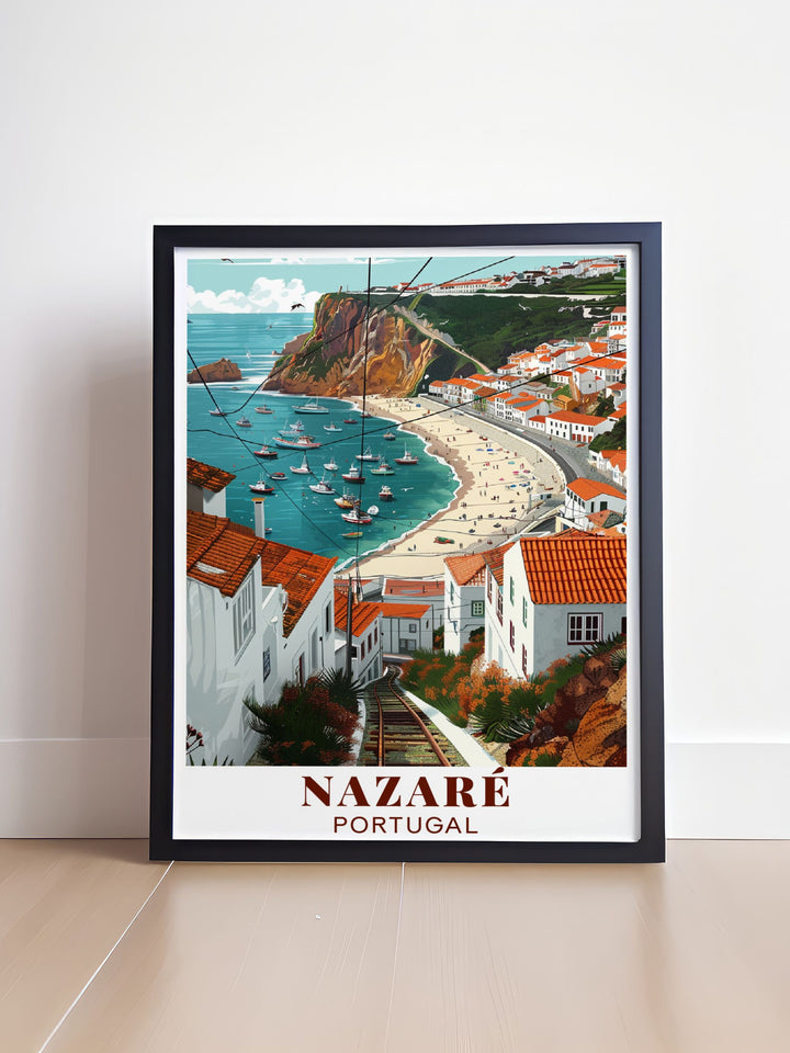 Captivating Nazare print with Traditional Fishing Village imagery an excellent choice for Portugal travel art bringing the vibrant coastal charm of Nazare into your home