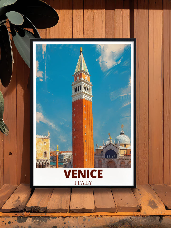 Venice travel print featuring the Campanile and a detailed map highlighting the citys vibrant colors and architectural beauty perfect for wall decor