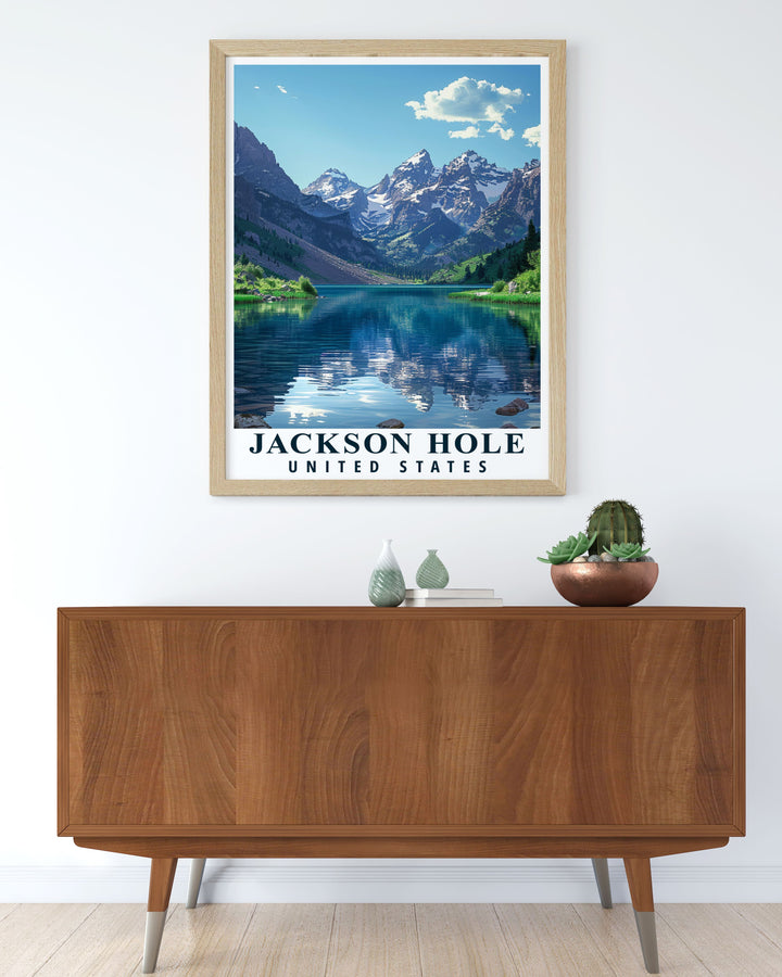 The vibrant colors and detailed illustrations of Jackson Hole and Grand Teton National Park are captured in this poster, celebrating Wyomings scenic charm.