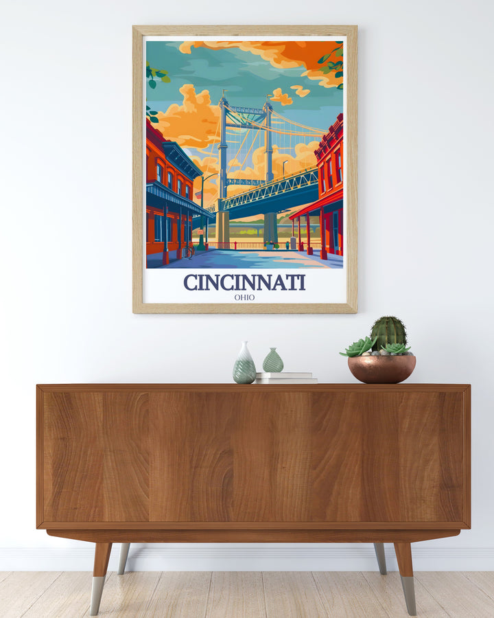 Roebling Suspension Bridge and Roebling Point captured in this elegant black and white Cincinnati Poster ideal for adding a modern touch to home decor and a thoughtful gift for birthdays anniversaries holidays like Christmas and other special occasions