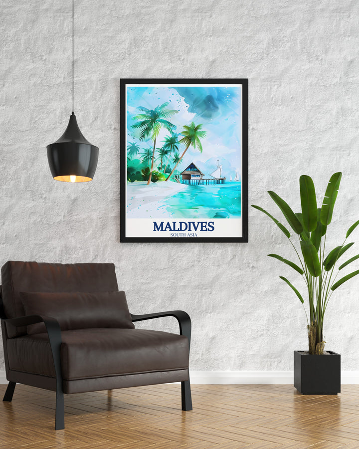 Indian Ocean Vintage Poster inspired by the classic travel posters, featuring the serene Maldives Beach and the vibrant Hanifaru Bay. This vintage style artwork is perfect for those who appreciate retro aesthetics and want to add a nostalgic touch to their collection.