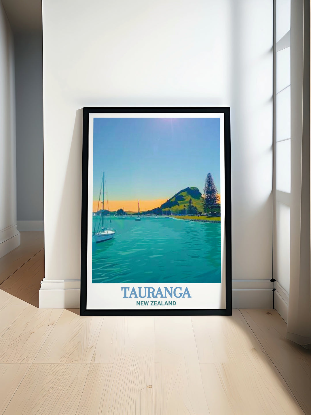 New Zealand print featuring Pilot Bay captures the tranquil beauty of Tauranga perfect for anyone who loves New Zealand travel and wants to bring coastal serenity into their home