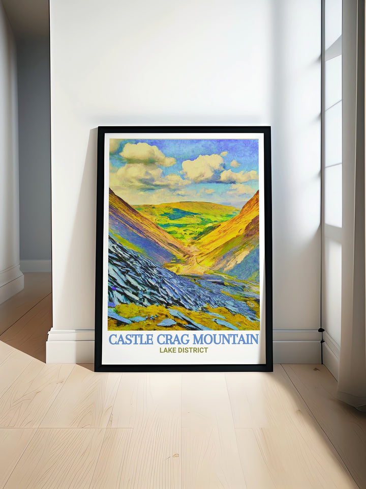 Castle Crag Mountain poster print beautifully captures the rugged fells of Cumbria, with the historic Honister Slate Mine visible in the background, perfect for nature lovers.