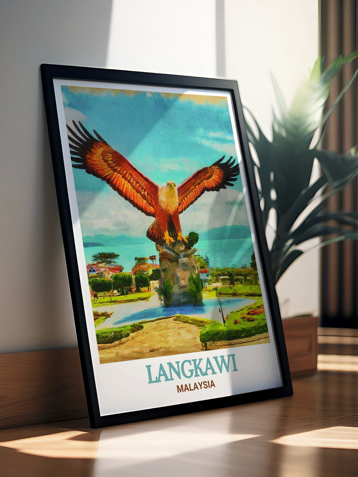 The beauty of Langkawis Eagle Square is showcased in this poster, with its imposing eagle statue set against a vibrant sky. This travel print is a perfect way to add a touch of Malaysias cultural and architectural brilliance to your wall decor.