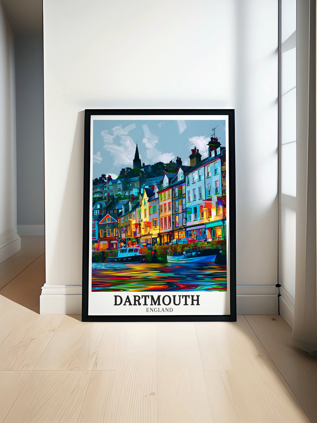 Dartmouths harbor is celebrated in this travel print, depicting its lively atmosphere and scenic views of South Devons coastline. This art print is ideal for bringing the charm of Englands coastal towns into your living space.