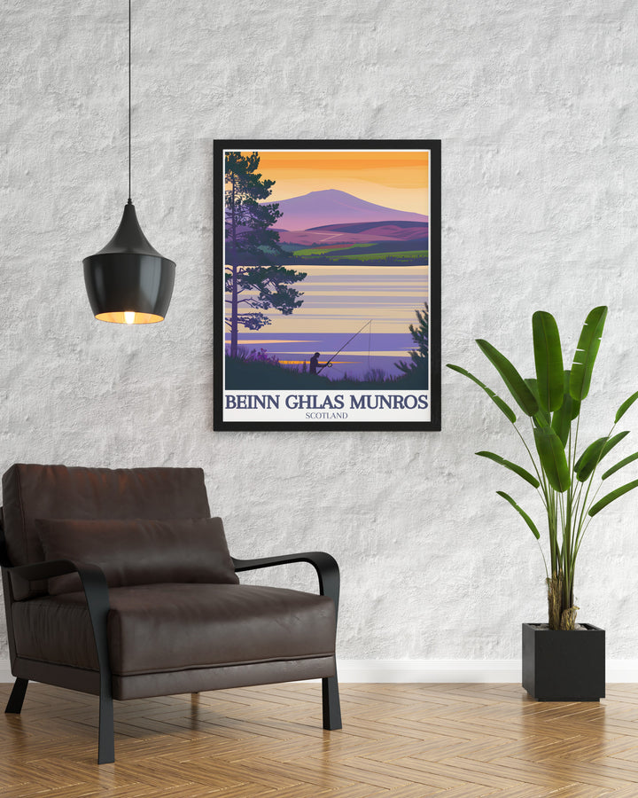 Beinn Ghlas and Ben Lawers poster with Loch Tay in the Scottish Highlands offering a stunning visual representation of Scotlands serene and majestic landscapes.