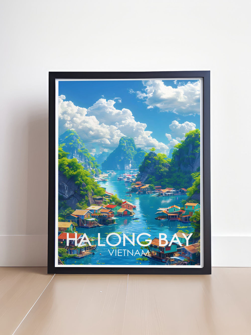 Highlighting the emerald waters and vibrant community life of Ha Long Bay, this travel poster captures the enchanting landscapes and cultural richness of the region, ideal for your home decor.
