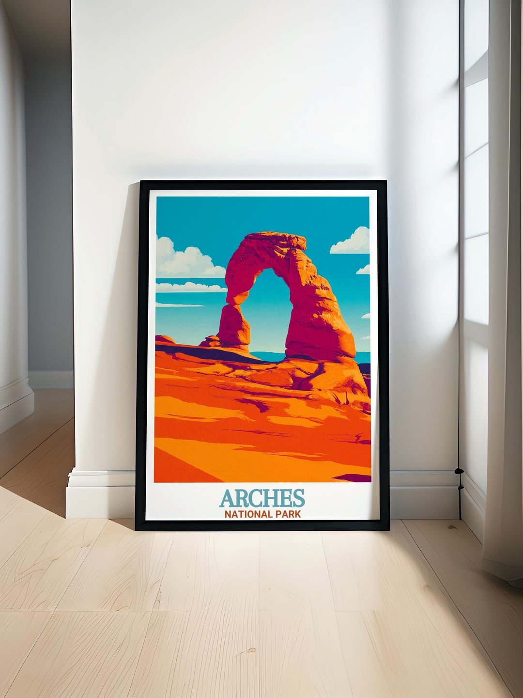 Delicate Arch travel poster showcasing the iconic natural formation in Arches National Park with vibrant colors and intricate details perfect for enhancing home decor or as a thoughtful gift for nature enthusiasts and National Park lovers.