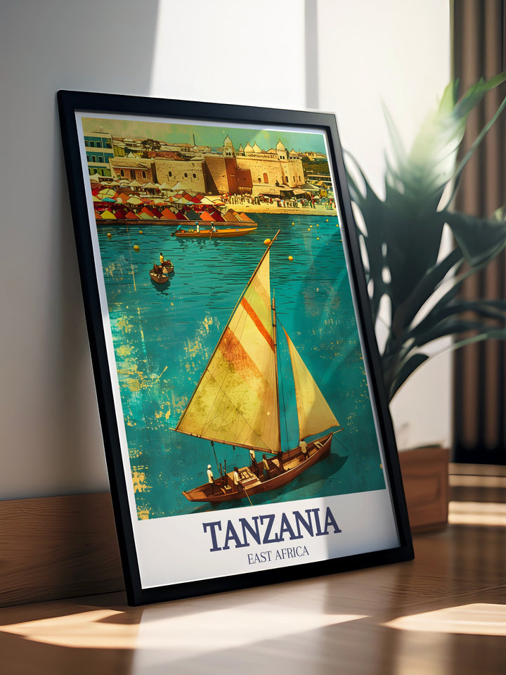 A stunning art print of Zanzibar, capturing the islands pristine beaches and rich history. This travel print reflects the essence of Zanzibars coastal beauty and its cultural heritage, offering a perfect addition to any home decor for lovers of exotic destinations.