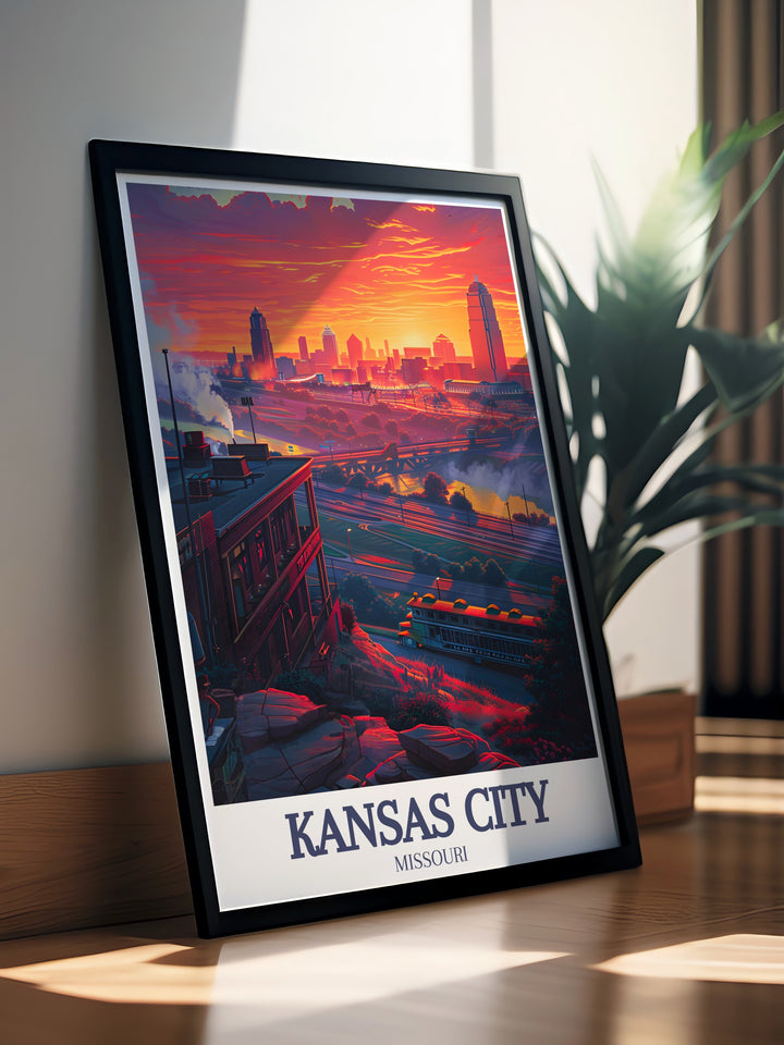 Kansas City poster print featuring the iconic Power and Light Building and downtown skyline. This travel print captures the essence of Missouris largest city with a vibrant, modern touch, perfect for decorating your home or office. Kansas Citys rich architectural history shines in every detail of this art piece.