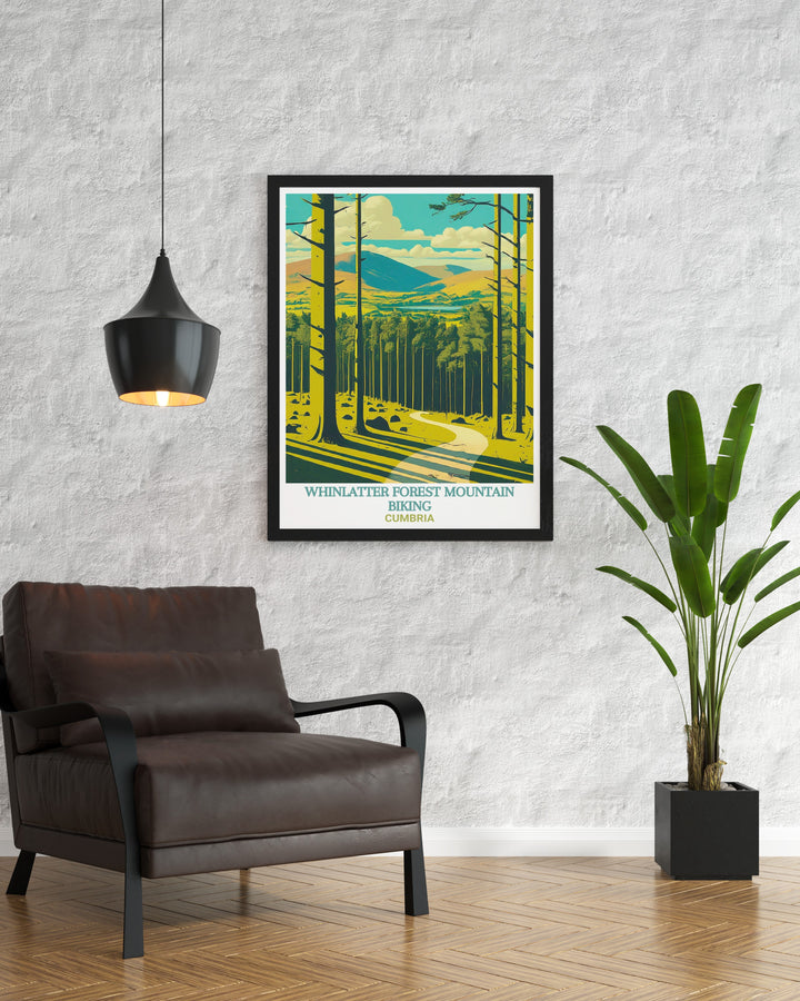 Whinlatter Forest Park framed art showcases the natural harmony of Cumbrias Lake District, with its breathtaking landscapes and exciting mountain biking trails. This artwork is perfect for those who appreciate the outdoors and want to bring a touch of nature into their home.