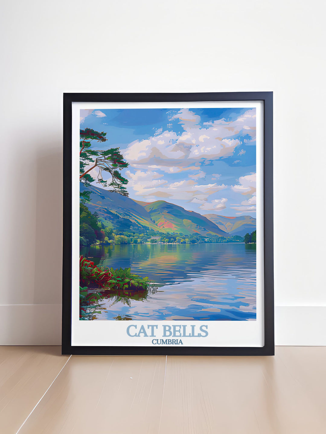Derwentwater modern art print designed to add elegance to your home decor this travel poster features the stunning landscape of Cat Bells Cumbria a wonderful addition to any room and a great gift for nature enthusiasts.