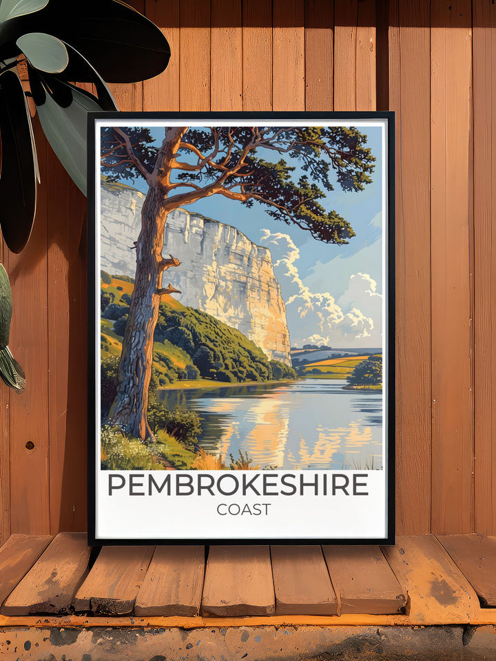 Welsh travel poster of Stackpole Estate showcasing the natural landscapes and serene views of Pembrokeshire Coast National Park a perfect addition to your bucket list prints and a wonderful gift for travelers and adventurers.