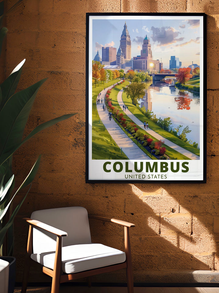 Scioto Mile modern decor art print highlighting the Columbus city skyline. This elegant wall art is perfect for those who appreciate minimalist decor and makes a great personalized gift for birthdays anniversaries or holidays with a unique touch of Ohio.