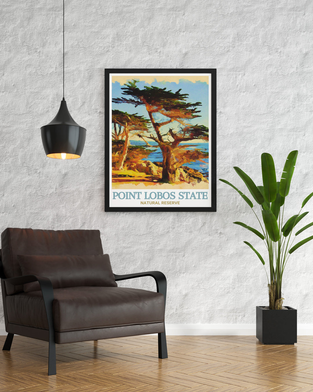 Travel print of Cypress Grove Trail, showcasing the peaceful ambiance and natural beauty of Point Lobos State Natural Reserve. This artwork is a perfect way to bring the tranquility of Californias coastline into your home, creating a serene and inviting environment.