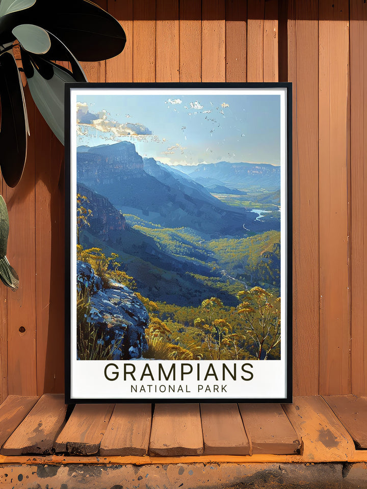 The Boroka Lookout canvas print showcases one of Australias most iconic viewpoints within the Grampians National Park. The sweeping vistas and vibrant landscapes make this artwork ideal for anyone looking to add a touch of nature and adventure to their living space.