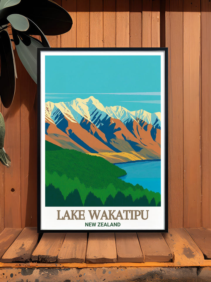 This Lake Wakatipu poster print highlights the tranquil beauty of New Zealands iconic lake, set against the backdrop of The Remarkables. Perfect for anyone who appreciates nature, adventure, and stunning landscapes in their home décor.