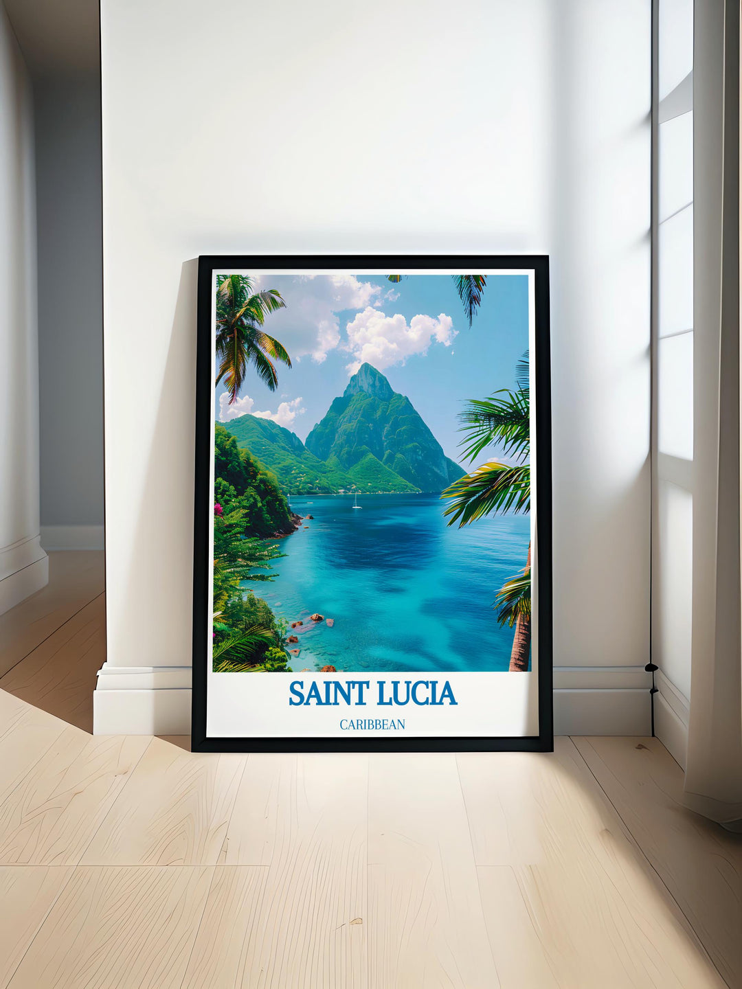 Saint Lucia Travel Print featuring the iconic Pitons offers a stunning Caribbean Wall Art perfect for traveler gifts or as a special Christmas gift adding a touch of tropical elegance to any space with vibrant colors and breathtaking scenery of Saint Lucia