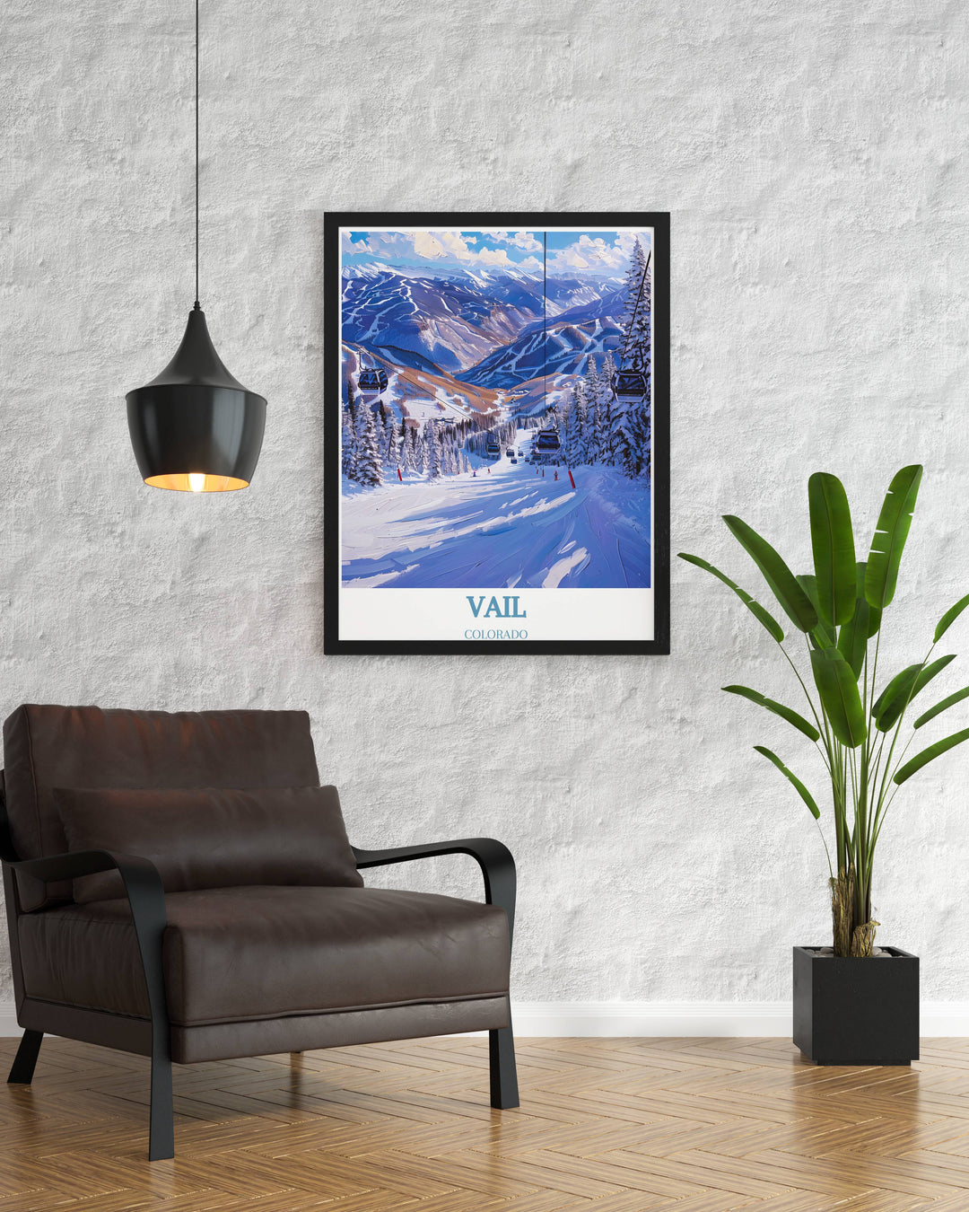 Scenic artwork of Vail Ski Resort highlighting the luxurious accommodations, lively après ski scene, and breathtaking views. Perfect for those who love mountain landscapes and winter sports.