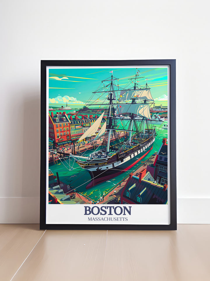 Boston Poster Print showcases the iconic USS Constitution and the serene Boston Harbor in a breathtaking piece of art. This travel print is ideal for history lovers and anyone who wants to bring a piece of Bostons charm into their home decor.