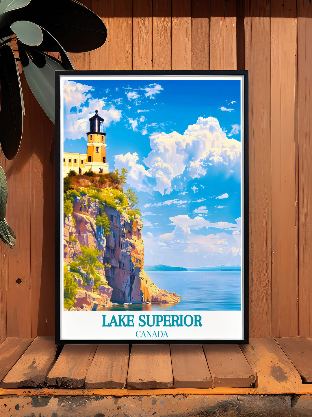 Poster of Split Rock Lighthouse, highlighting its iconic silhouette against Lake Superior, celebrating its rich legacy and historical significance.