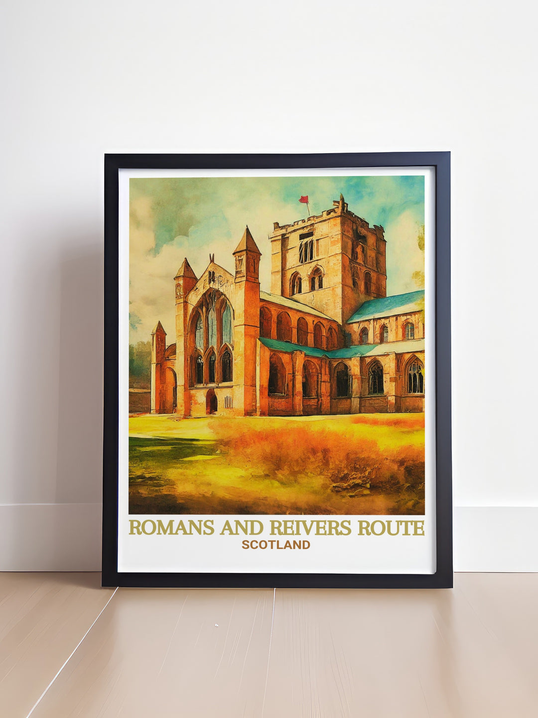 Hexham Abbey and the Romans and Reivers Route come to life in this captivating poster print featuring the Scotland Great Trail a perfect gift for hikers or collectors of vintage travel art who love exploring the historic trails of the Scottish Borders.