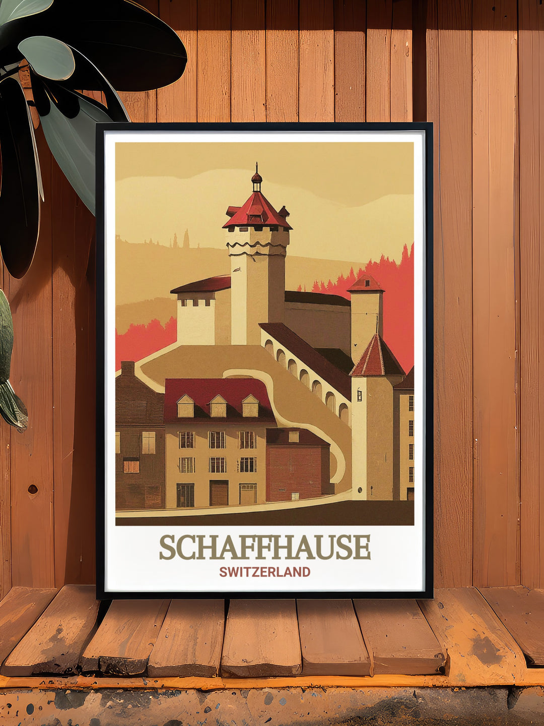 Travel poster of Munot Fortress in Schaffhausen, Switzerland. A vibrant print capturing the essence of this historic landmark. Perfect for those who appreciate travel art and want to bring a piece of Switzerland into their home decor.