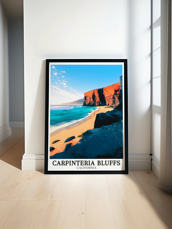 Santa Barbara South Coast and Santa Barbara Channel are beautifully depicted in this California art print featuring Carpinteria Bluffs a perfect decor piece for anyone who loves California travel and the stunning coastal landscapes of Carpinteria