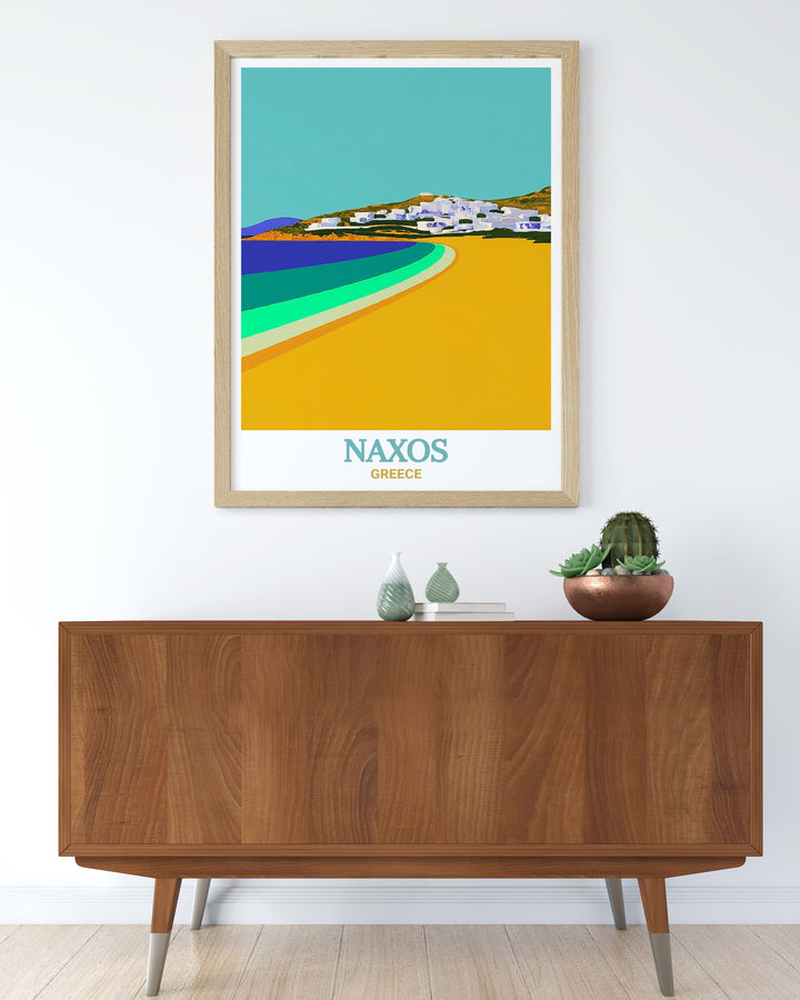 Naxos Wall Decor with a stunning view of Agios Georgios Beach offering a perfect blend of modern art and classic Greek landscapes this print is ideal for enhancing your living room or bedroom with the timeless beauty of Naxos Greece