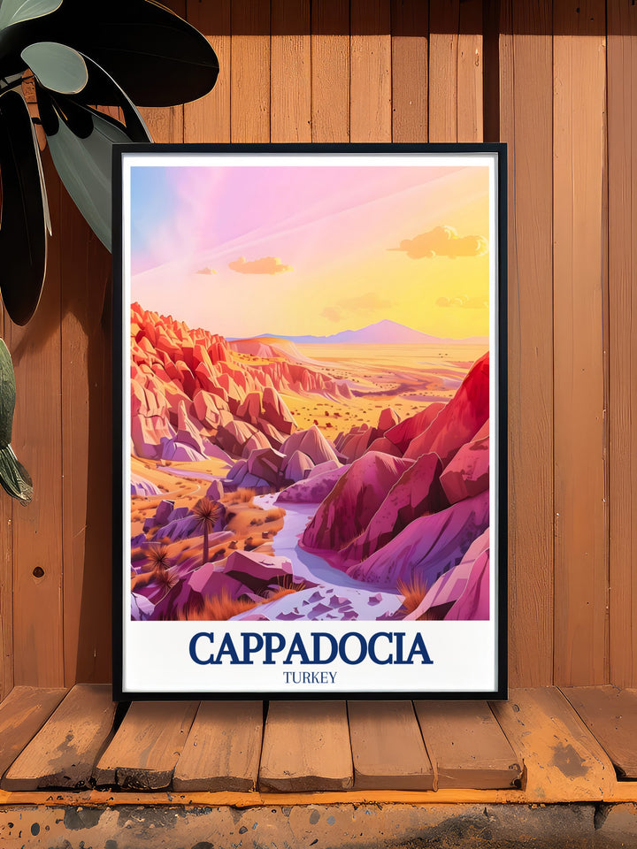 Experience the natural beauty of Cappadocia with this stunning travel poster featuring the Valley of the Roses and the Red Valley. The rich colors and detailed illustration make this artwork a perfect addition to any room.