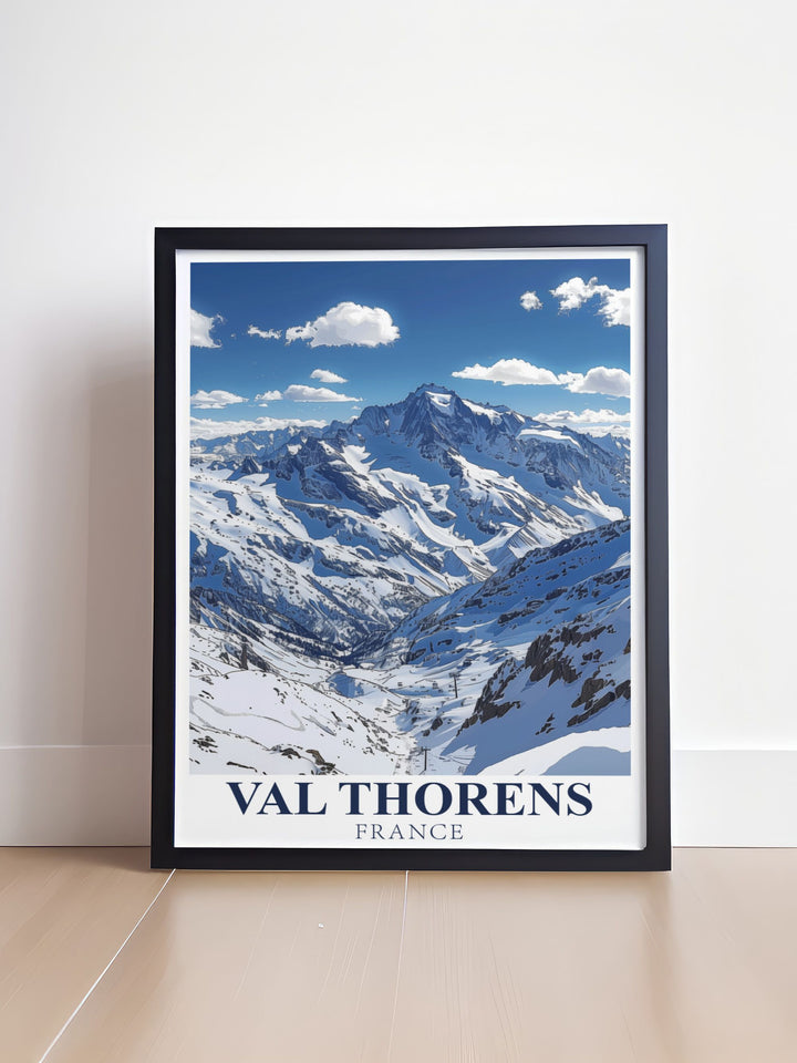 A vintage style Val Thorens ski poster featuring the towering Cime Caron. This artwork brings the charm of the French Alps into your home, with crisp details and a design perfect for both winter sports enthusiasts and art lovers.