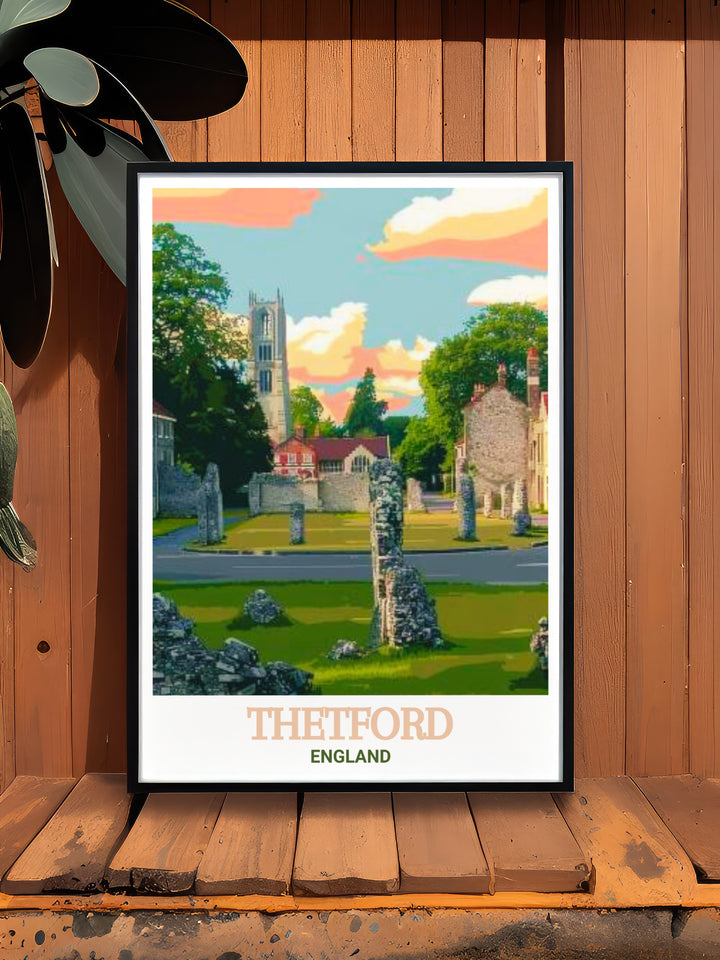 Experience the architectural beauty of Thetford Priory with this wall print. Perfect for adding a historical touch to your home, this artwork showcases the grandeur of Thetfords ancient ruins, making it a timeless addition to any decor.