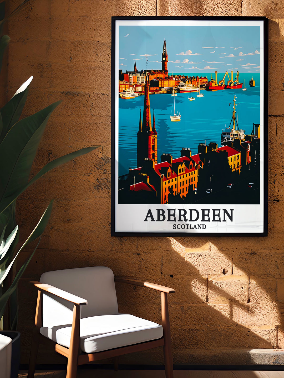 Aberdeen Poster depicting Aberdeen Harbour in the early morning light, highlighting the ports bustling activity and historical importance. This decor art offers a vibrant and detailed view of one of Scotlands oldest harbours, ideal for enhancing your wall decor