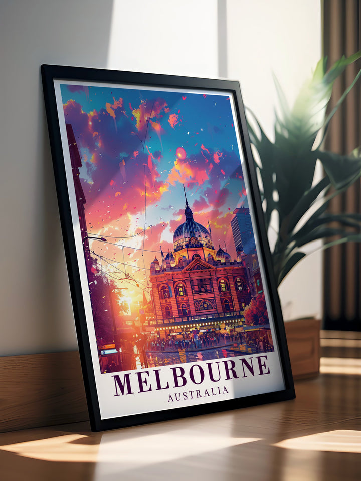 The Melbourne Poster Print showcases the vibrant atmosphere of Melbournes streets, with Flinders Street Station at the forefront. Ideal for travel lovers, this framed artwork brings the excitement and charm of the city into your living space.