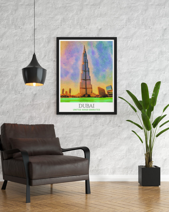 Dubai travel print featuring Burj Khalifa and the citys iconic skyline in a black and white fine line print perfect for those who love modern city art and want to bring a piece of Dubai into their home