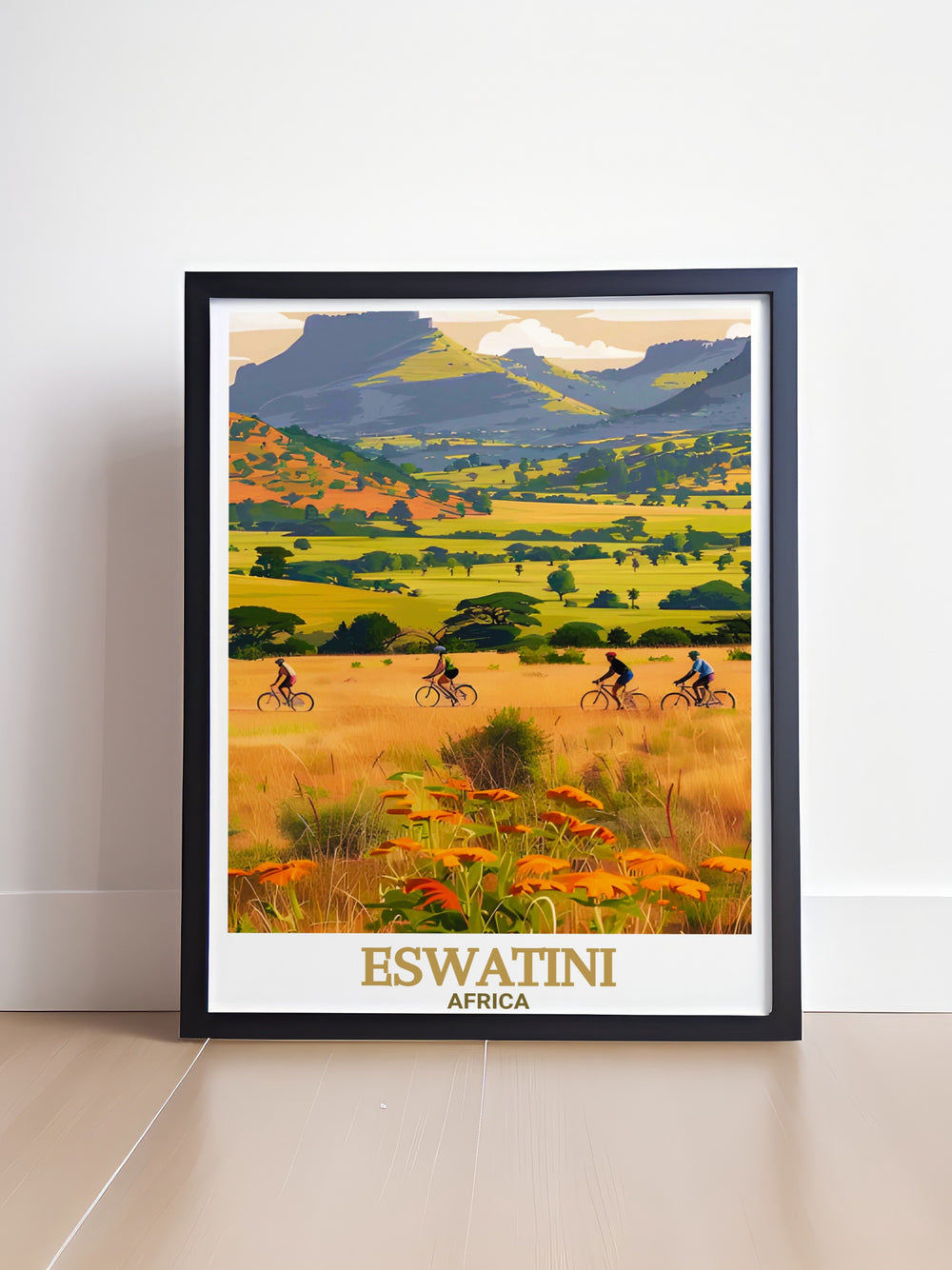 Eswatini art print offers a vibrant depiction of the regions natural beauty, showcasing Mlilwane Wildlife Sanctuarys diverse wildlife and lush landscapes. Perfect for those who appreciate the wonders of Africa, this travel poster makes a stunning addition to any room.