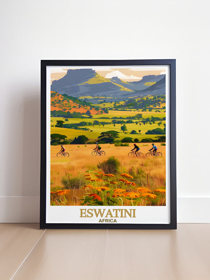 Eswatini art print offers a vibrant depiction of the regions natural beauty, showcasing Mlilwane Wildlife Sanctuarys diverse wildlife and lush landscapes. Perfect for those who appreciate the wonders of Africa, this travel poster makes a stunning addition to any room.