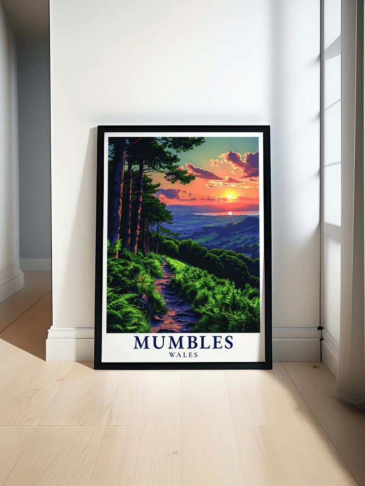 Experience the beauty of Mumbles Hills Nature Reserve with this stunning vintage travel print showcasing the lush greenery and serene landscapes perfect for any wall decor